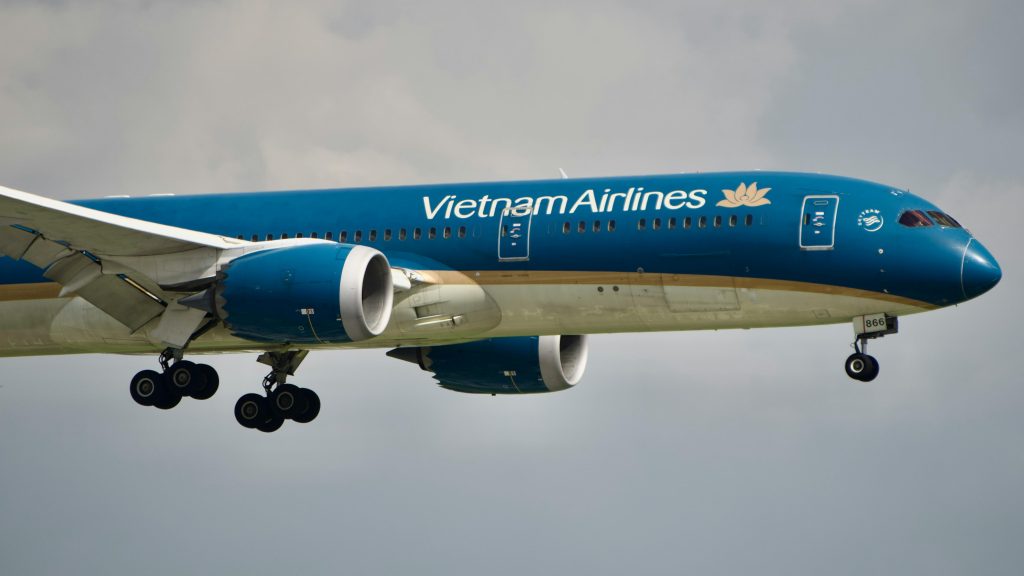 Close-up of Vietnam Airlines Boeing 787 Dreamliner airplane during landing approach.